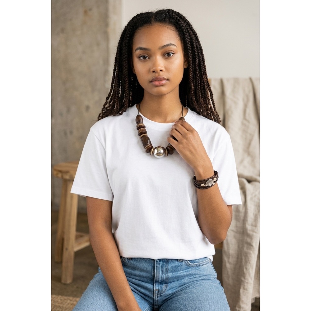 Paparazzi Wood Bead Necklace‎ Earrings and Leather Leaf Wrap Bracelet Set Brown